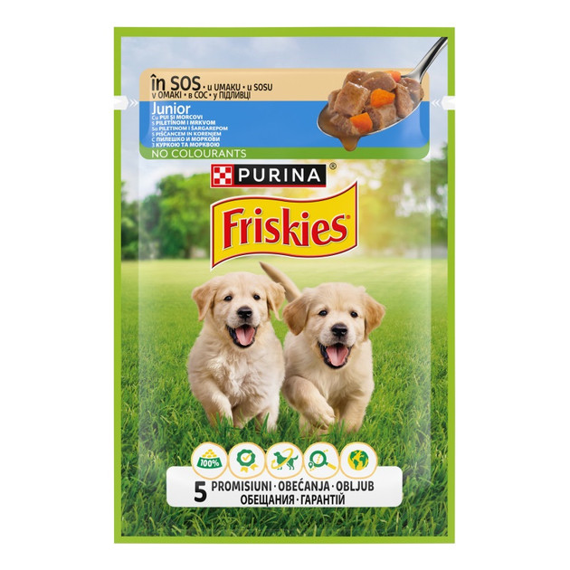 Корм консервований повнораційний для цуценят Purina Friskies з куркою та морквою в підливі, 85г, фото 1