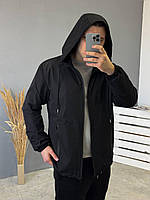 Чоловіча весняна куртка-вітровка чорна непромокальна плащівка на змійці, Осіння спортивна куртка чорного кольору з капюшоном
