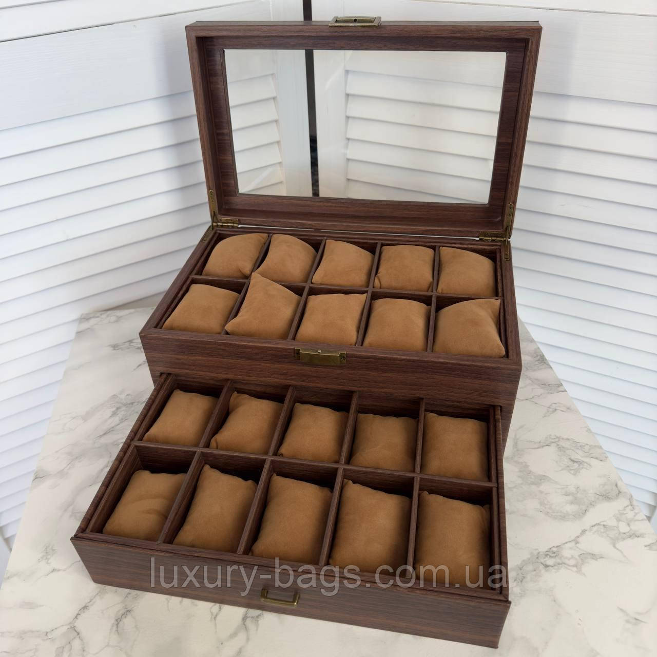 Дерев'яна коробка для зберігання наручних годинників преміумкласу на 20 відділень, фото 1