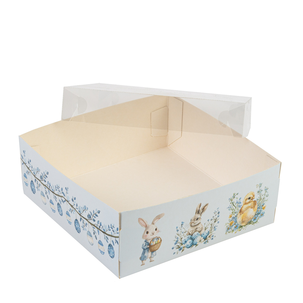 Коробка 160х160х60 для десертів "Пасхальна" з пластиковою кришкою, блакитна, фото 1