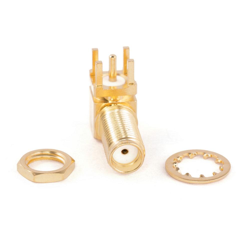 Конектор SMA-Female під пайку, кутовий, для кріплення на плати, довжина 17мм, 4мм між кріпленнями маси