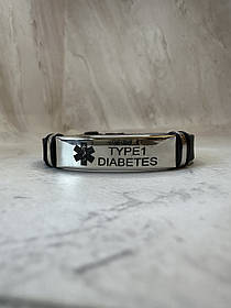 Силіконовий браслет на застібці TYPE 1 DIABETES сіра пластина чорний текст