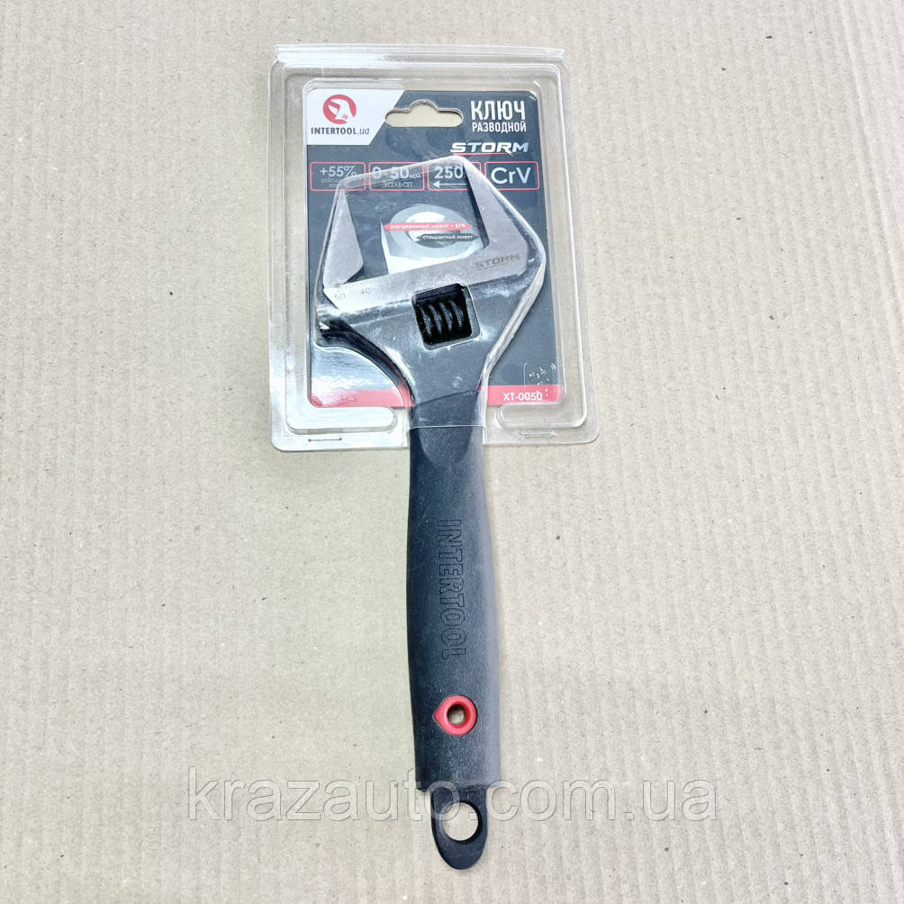 Ключ розвідний 250 мм, прогумована ручка, розведення губок 50 мм, CrV INTERTOOL XT-0050, фото 1