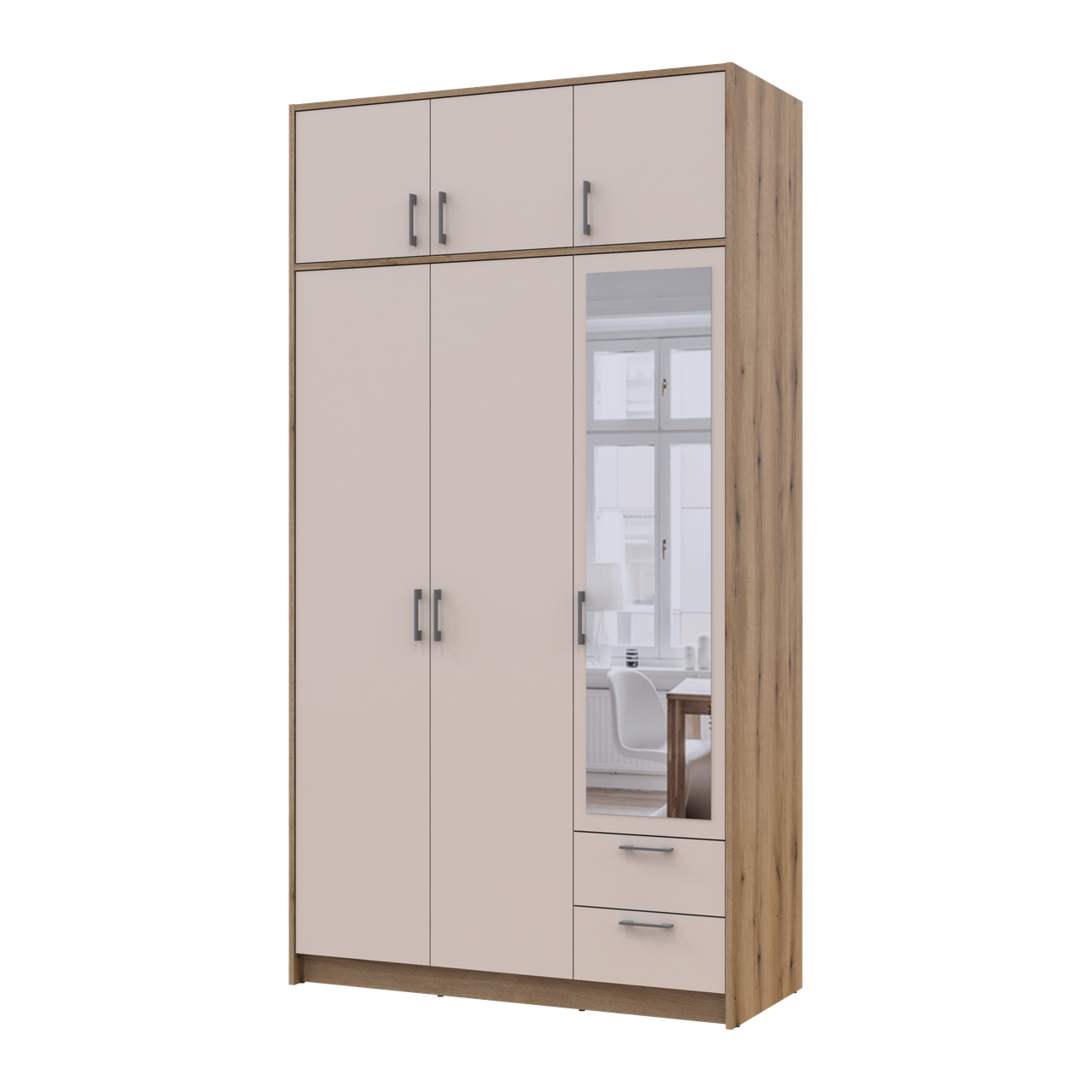 Розпашна Шафа для одягу Doros Ронді з антресолею та дзеркалом Дуб Артізан/Кашемір 3ДСП 121х52х236 (80737821), фото 1