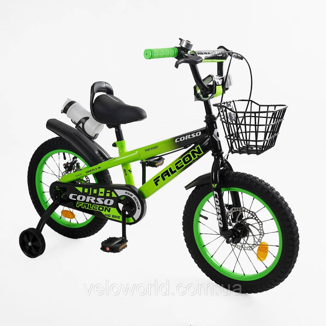 Дитячий велосипед Corso Falcon 16" дюймів дискові гальма, пляшечка, додаткові колеса, кошик, зібран на 85%