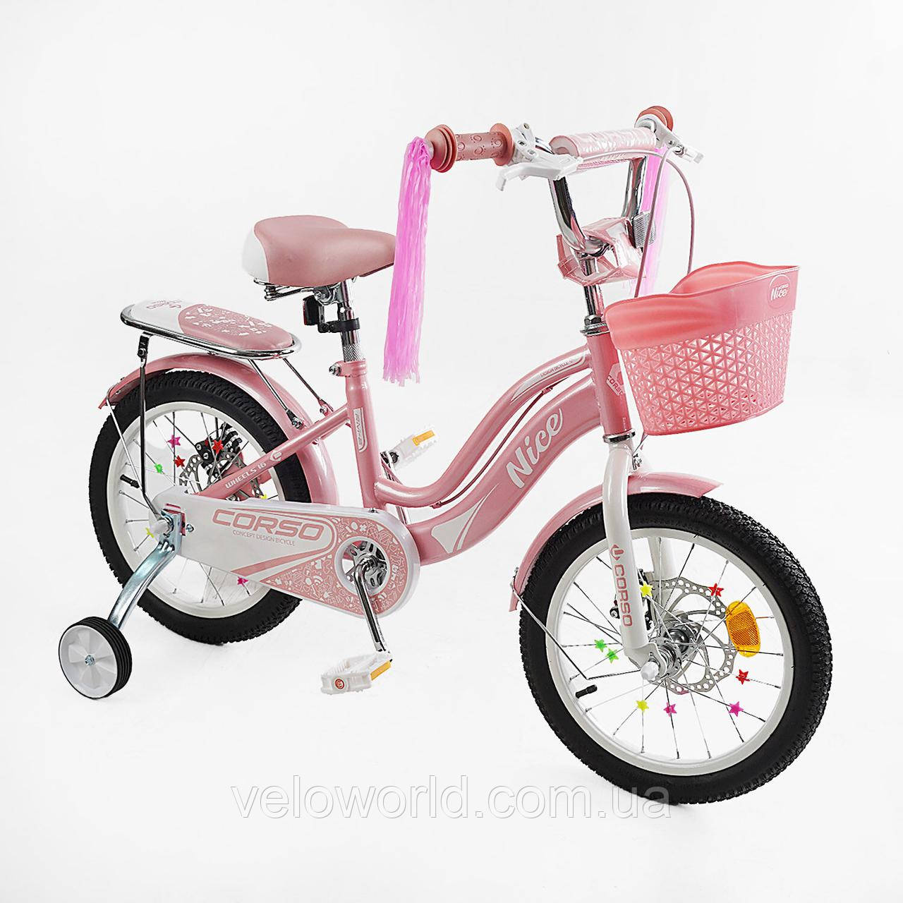 Велосипед 2-х колісний 16" "Corso Nice" NC-16262 (1) сталева рама, дискові гальма, дод. колеса, дзвоник, бутилочка, корзинка, зібр