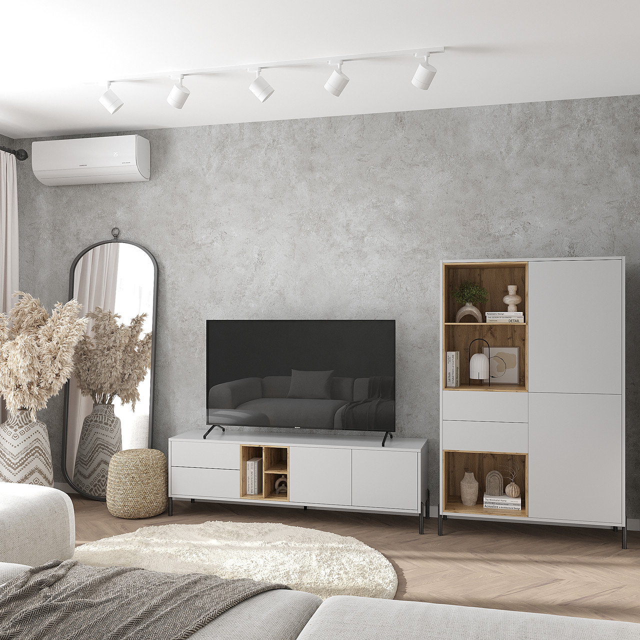 Меблевий комплект Норді для вітальні з 2-х позицій: шафа буфет і тумба під телевізор Сірий/Дуб Тахо, фото 1