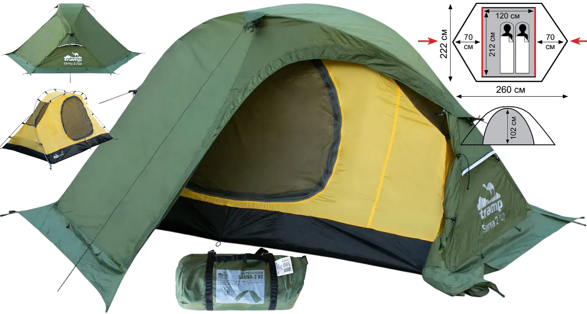 Двомісний намет Tramp Sarma 2 v2 Green | Експедиційна палатка з алюмінієвим каркасом, 2 входами, 2 тамбурами для тривалих походів