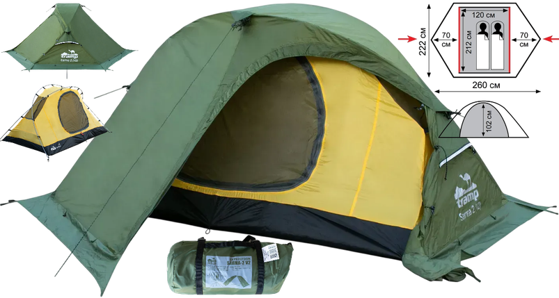 Двомісний намет Tramp Sarma 2 v2 Green | Експедиційна палатка з алюмінієвим каркасом, 2 входами, 2 тамбурами для тривалих походів, фото 1