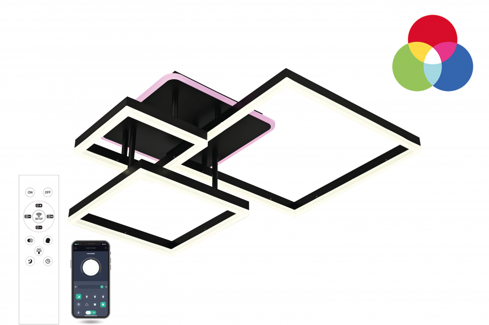 Керована світлодіодна люстра GENNY SQUARE RGB 105W 4S BLACK Luminaria 10500 Lm з пультом і додатком для смартфону APP-220-IP20, фото 1