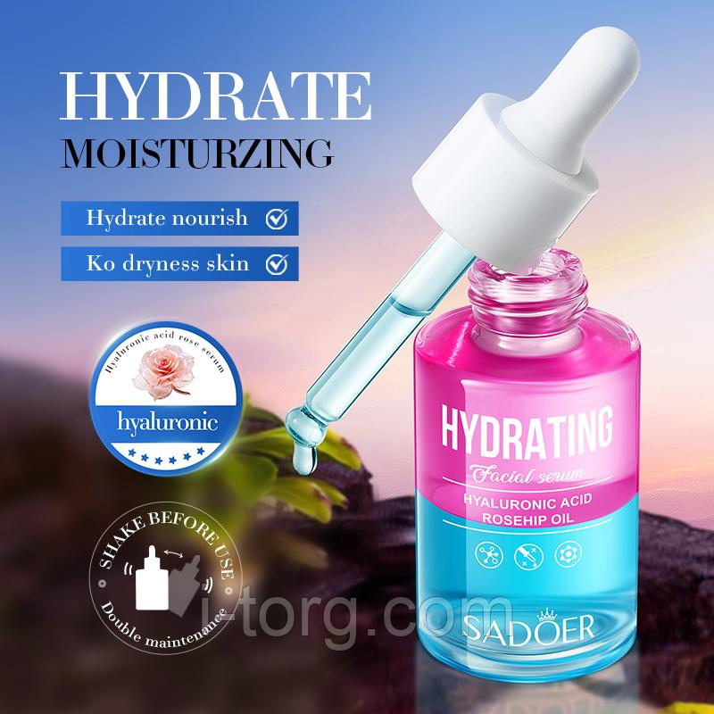 Двофазна зволожуюча сироватка з трояндою та гіалуроновою кислотою Sadoer Hydrating Facial Serum, 30 мл.