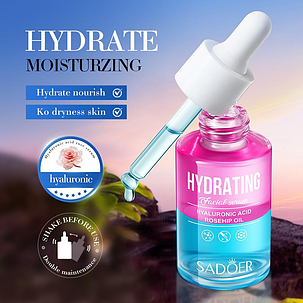 Двофазна зволожуюча сироватка з трояндою та гіалуроновою кислотою Sadoer Hydrating Facial Serum, 30 мл., фото 1