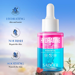 Двофазна зволожуюча сироватка з трояндою та гіалуроновою кислотою Sadoer Hydrating Facial Serum, 30 мл., фото 2
