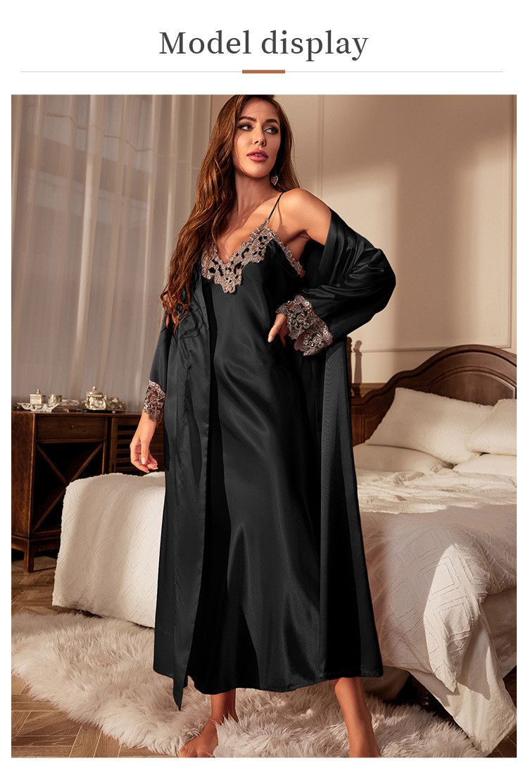 Шовковий халат і сорочка комплект чорний з мереживом, фото 1