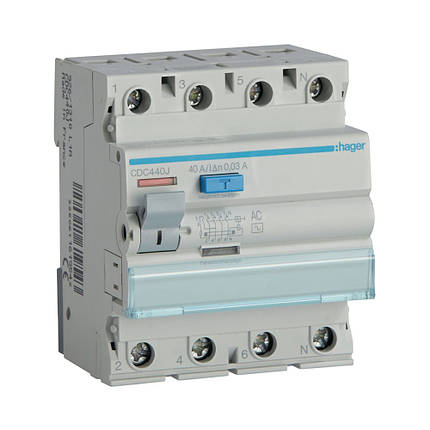 Вимикач диференційного струму (ПЗВ) Hager Тип AC 4P 30mA 40A CDC440J, фото 1