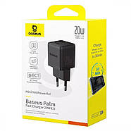 Компактний блок живлення для зарядки телефона Type-C+USB 20W BASEUS Palm Fast Charger (чорний), фото 10