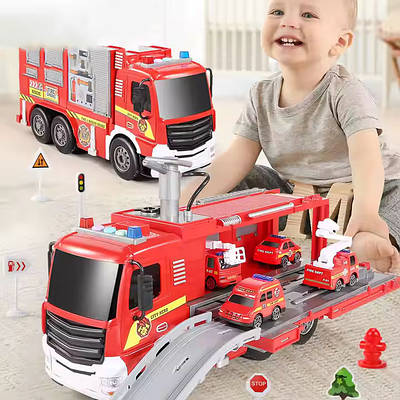 Іграшковий мега трек Пожежна вантажівка для дитини 14 предметів Інтерактивний паркінг 4 машинки світло звук вода