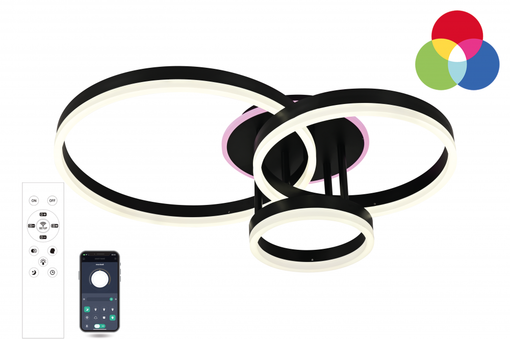 Керована світлодіодна люстра GENNY ROUND RGB 80W 4R BLACK Luminaria 8000 Lm з пультом і додатком для смартфону APP-220-IP20