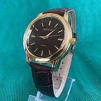 Красивые мужские часы в золотистом корпусе с коричневым ремешком