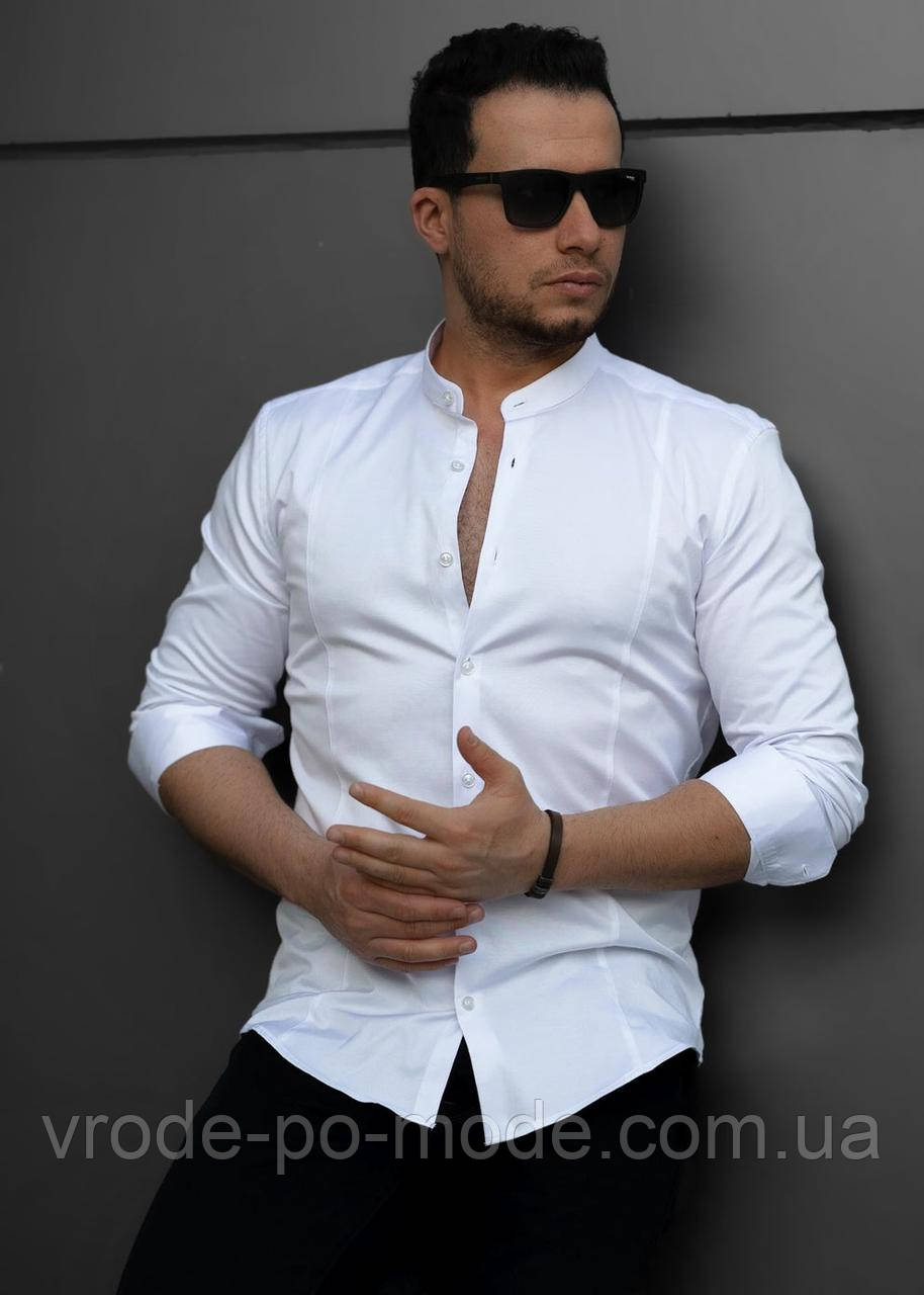 Стильна ошатна біла сорочка приталена, комір стійка, з довгим рукавом, Туреччина, асортимент