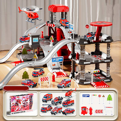 Великий ігровий трек паркінг Пожежники 86 предметів 6 машинок вертоліт Парковка Багаторівнева траса повороти