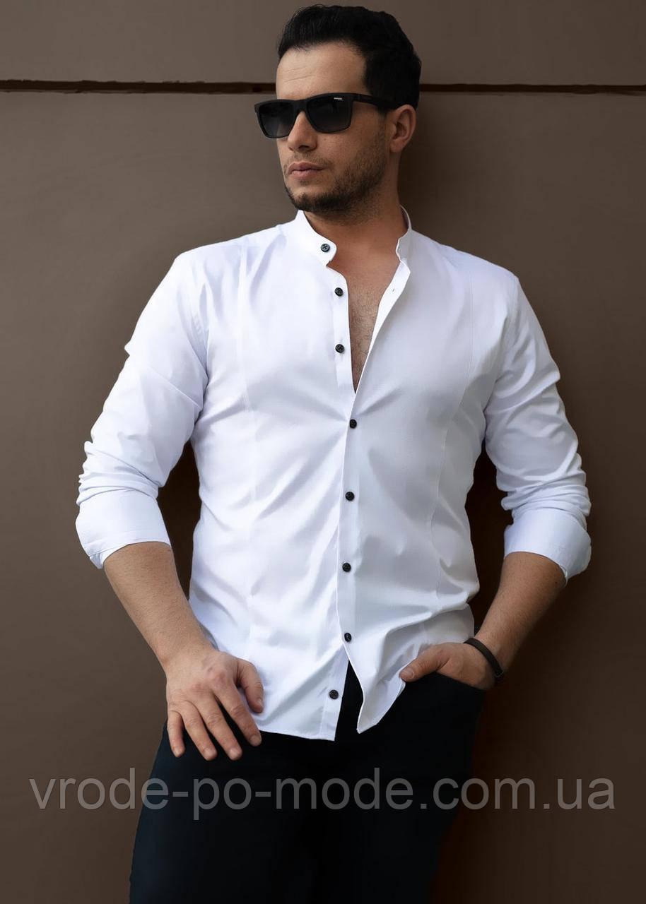 Стильна ошатна біла сорочка базова приталена, комір стійка, з довгим рукавом, Туреччина, асортимент, фото 1