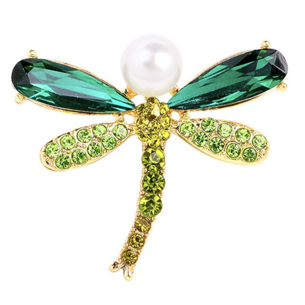 Брошка на золотистій основі бабка з різнобарвними зеленими стразами та білою намистиною виробу 35х35 мм