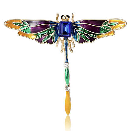 Брошка на золотистій основі бабка із синім кристалом і стразами покрита кольоровою емаллю виробу 60х65 мм, фото 2