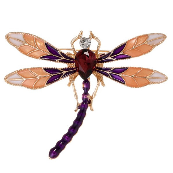 Брошка на золотистій основі бабка з фіолетовим кристалом покрита кольоровою емаллю виробу 55х45 мм