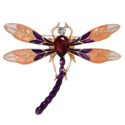 Брошка на золотистій основі бабка з фіолетовим кристалом покрита кольоровою емаллю виробу 55х45 мм, фото 1