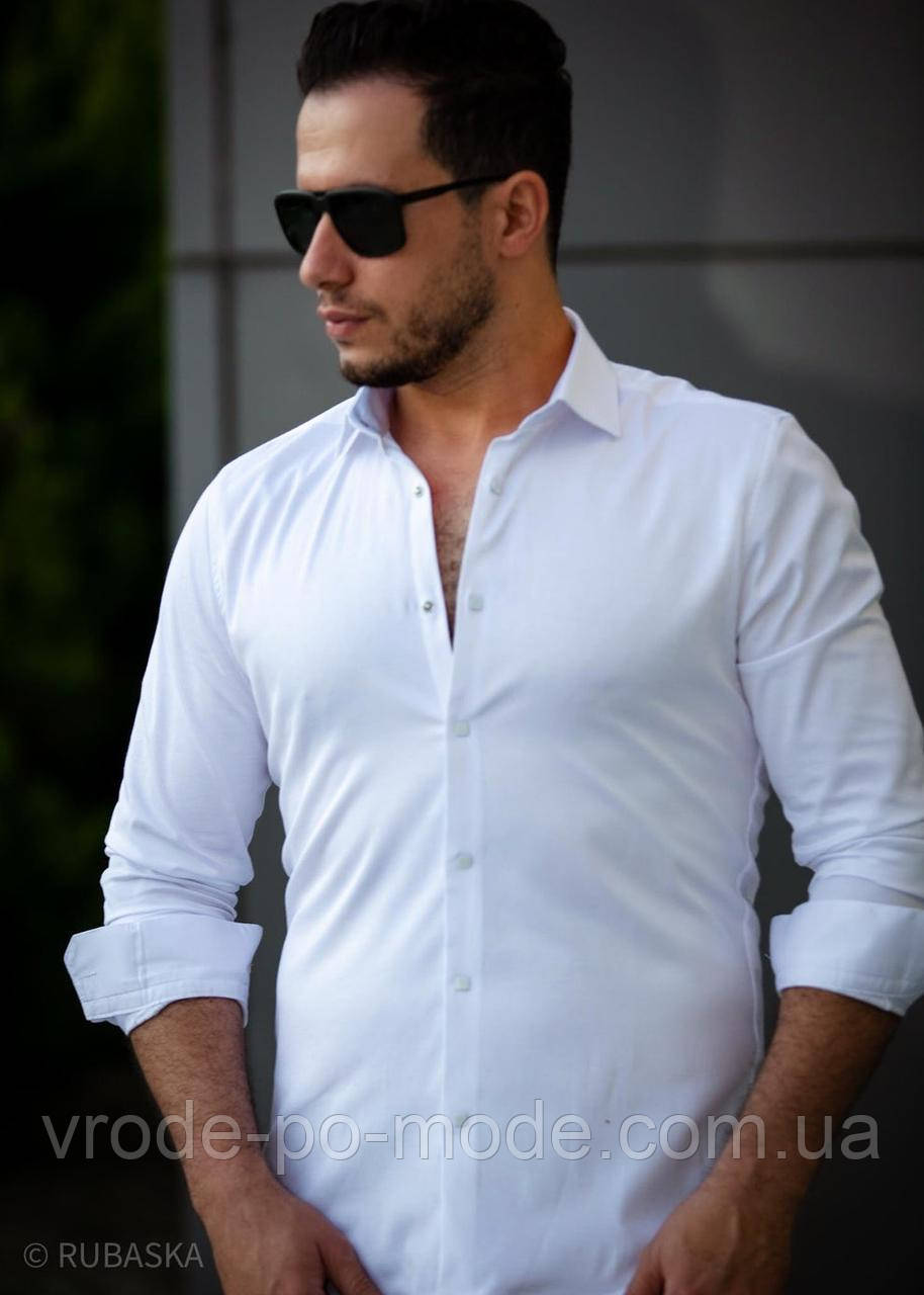 Бавовняна чоловіча біла сорочка ошатна, святкова приталена, довгий рукав, класичний комір, Туреччина, асортимент