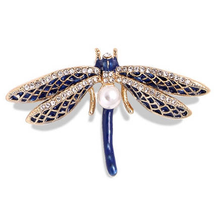 Брошка на золотистій основі бабка зі стразами та білою намистиною покрита кольоровою емаллю виробу 50х30 мм, фото 1