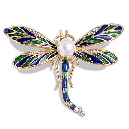 Брошка на золотистій основі бабка з білою намистиною та стразами покрита кольоровою емаллю виробу 50х45 мм, фото 1