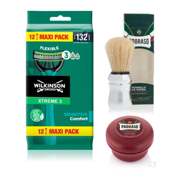 Одноразові станки Wilkinson Sword Xtreme 3 Sensitive (12 шт.) + Proraso помазок + мило для гоління 150 мл