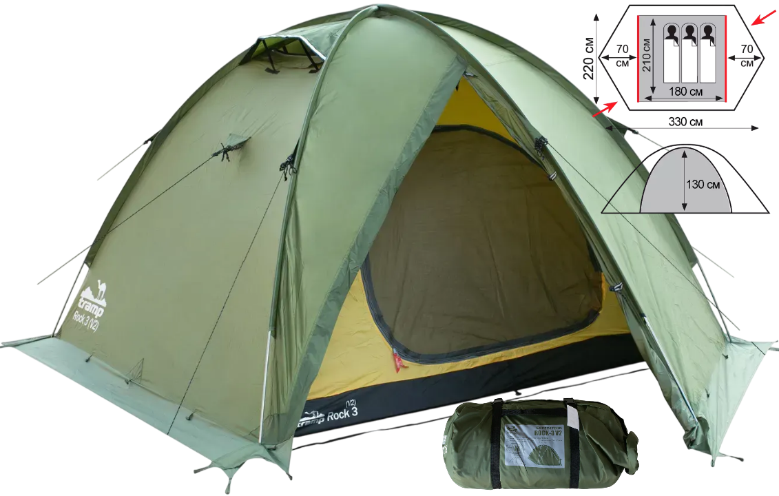 Тримісний намет Tramp Rock 3 (v2) Green | Експедиційна алюмінієва палатка для тривалих походів з 2 входами та 2 тамбурами