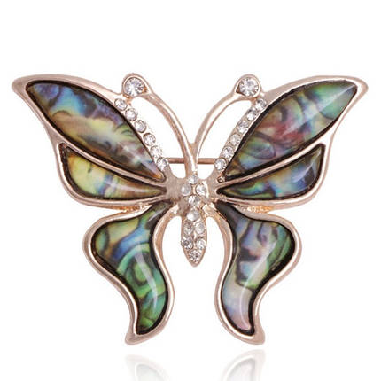 Брошка на золотистій основі метелик із різнобарвним камінням галіотіс і білими стразами розмір 45х35 мм, фото 1
