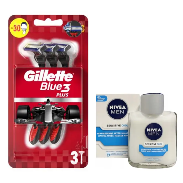 Набір одноразових станків для гоління Gillette Blue 3 Plus Red (3 шт.) + бальзам після гоління Nivea Men Sensitive Cooling 100 мл