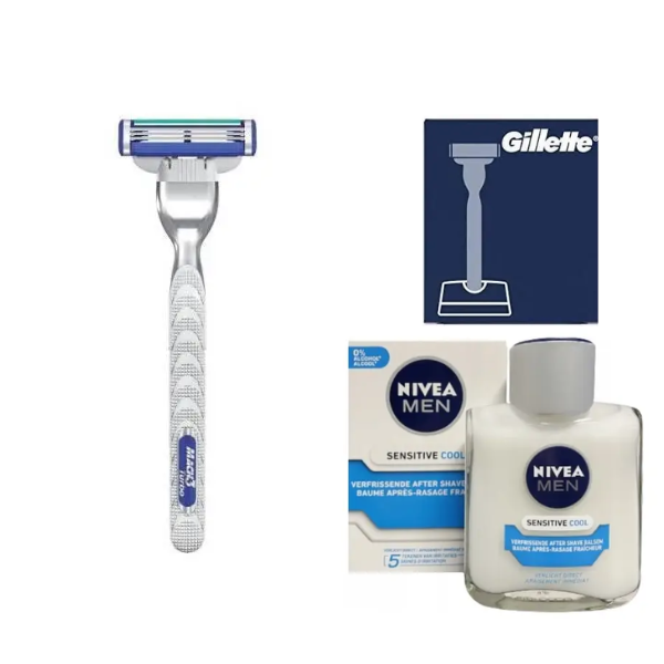 Станок для гоління Gillette Mach3 Turbo (1 картридж) + оригінальна підставка + Nivea Men Sensitive Cooling бальзам після гоління