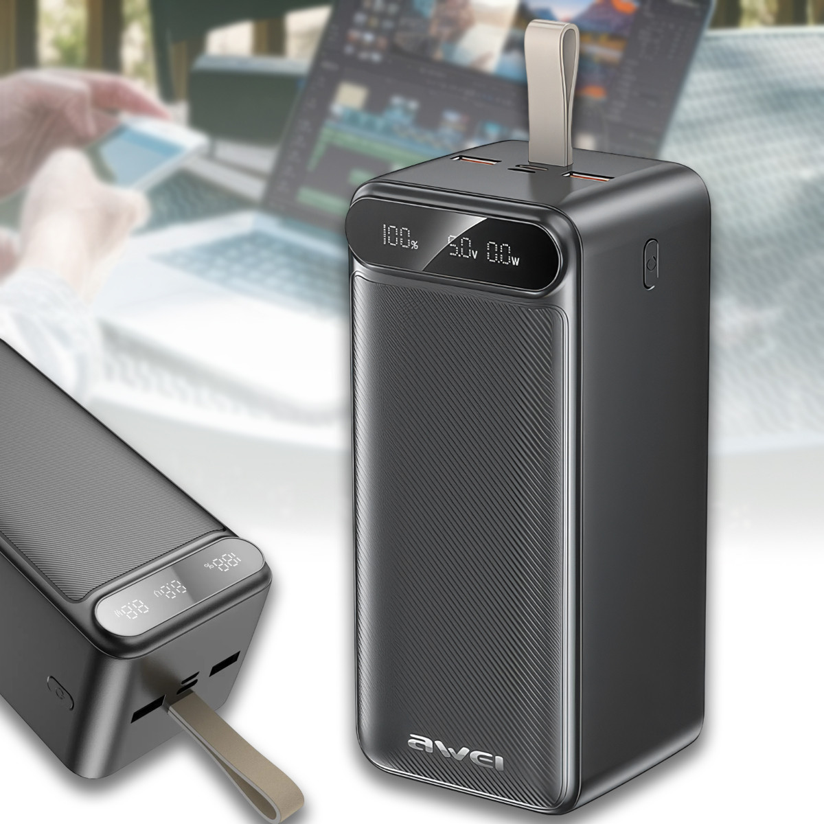 Зовнішній акумулятор Power Bank на 100 000 мАч з дисплеєм та ліхтариком AWEI P101K 22.5W Чорний