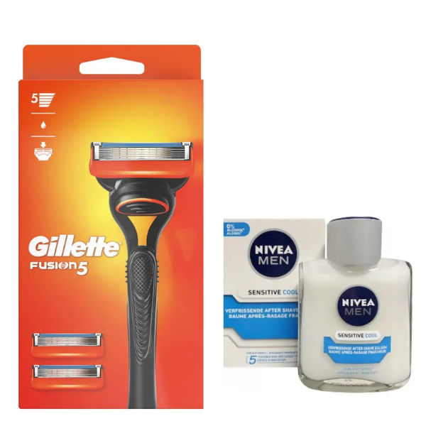 Станок для гоління Gillette Fusion 5 (3 касети) + Nivea Men Sensitive Cooling бальзам після гоління 100 мл