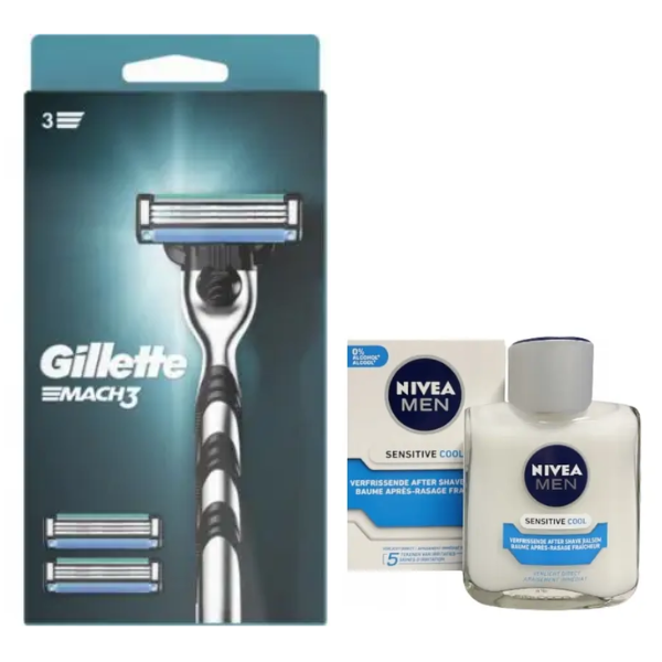 Станок для гоління Gillette Mach3 (3 касети) + Nivea Men Sensitive Cooling бальзам після гоління 100 мл