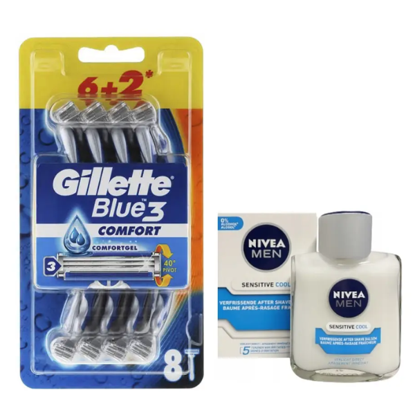 Набір одноразових станків для гоління Gillette Blue 3 Comfort Original (8 шт.) + бальзам після гоління Nivea Men Sensitive Cooling