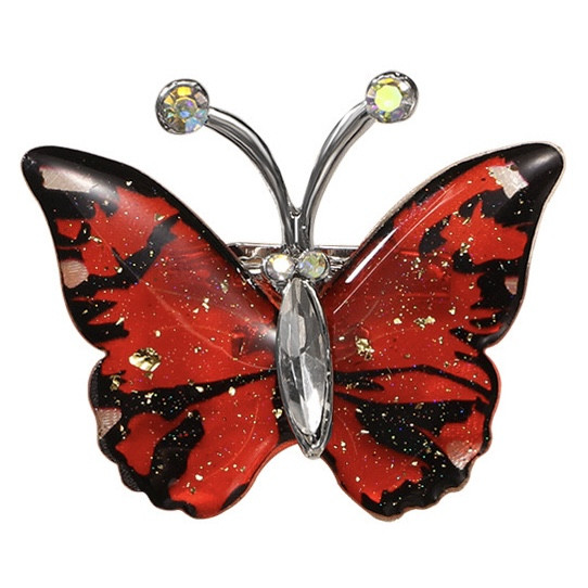 Брошка на сріблястій основі метелик червона зі стразами, що переливаються, та золотистими блискітками розмір 45х35 мм