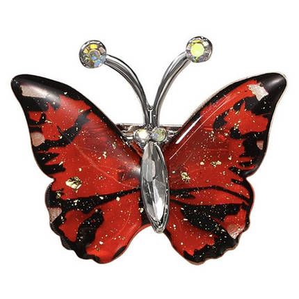 Брошка на сріблястій основі метелик червона зі стразами, що переливаються, та золотистими блискітками розмір 45х35 мм, фото 1