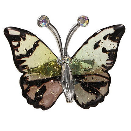 Брошка на сріблястій основі метелик із стразами, що переливаються, і золотистими блискітками розмір 45х35 мм, фото 1