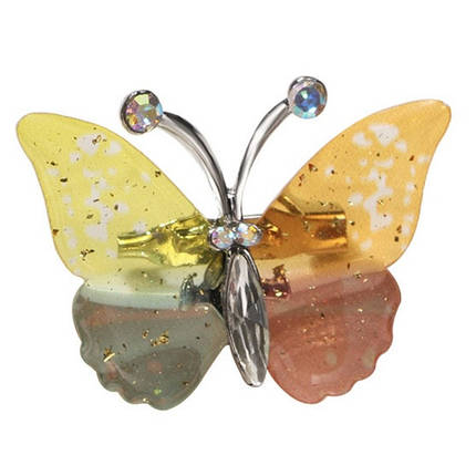 Брошка на сріблястій основі метелик із стразами, що переливаються, і золотистими блискітками розмір 45х35 мм, фото 1