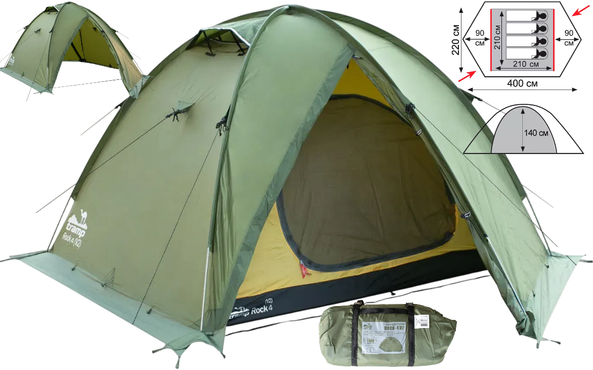Чотиримісний намет Tramp Rock 4 (v2) Green | Експедиційна алюмінієва палатка для тривалих походів з 2 входами та 2 тамбурами