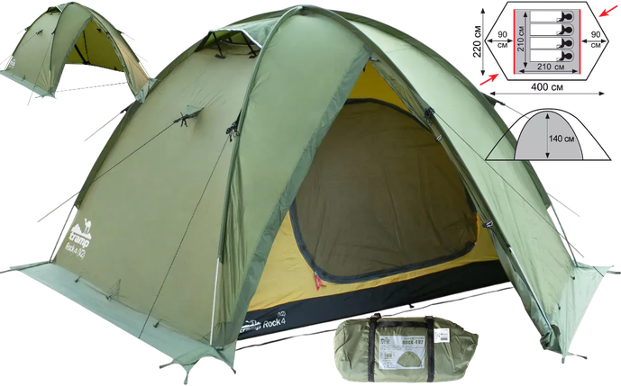 Чотиримісний намет Tramp Rock 4 (v2) Green | Експедиційна алюмінієва палатка для тривалих походів з 2 входами та 2 тамбурами, фото 1