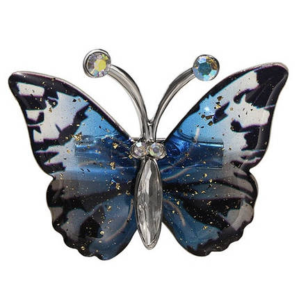 Брошка на сріблястій основі метелик синя зі стразами, що переливаються, і золотистими блискітками розмір 45х35 мм, фото 1