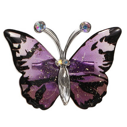 Брошка на сріблястій основі метелик зі стразами, що переливаються, та золотистими блискітками розмір 45х35 мм, фото 1